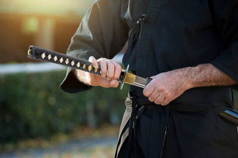 Unsharpened Stainless Steel Wakizashi Iaito For Iaido Practice, 21 Inch Blade With Bo Hi Fuller, person holding sword handle