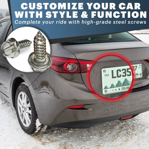 Heavy Duty Stainless Steel License Plate Screws Rustproof Bolts Fit Plastic Nylon Inserts For Domestic Iron And Import Rigs Four Pack installed on a car's license plate.