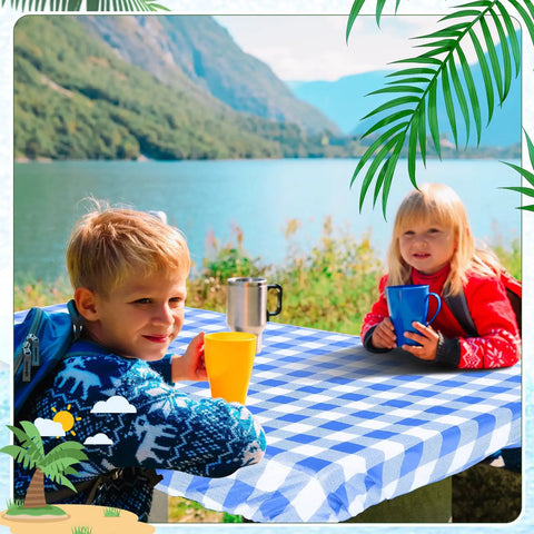 Children enjoying drinks at a picnic table with a Three Piece Picnic Table Cover Set With Fitted Tablecloth And Bench Covers For Outdoor Dining, Waterproof Vinyl Table Linen, Checker Blue White Pattern, Durable, Easy Cleanup, Perfect For Camping, Patio, BBQ And Indoor Use by a lake.