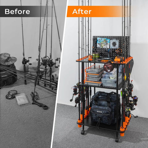 Indoor Fishing Rod Storage Cart For 12 Combos With A 3 Tier Tackle Rack And Peg Wall Built In Line Spooler Mobile Tackle Storage Cart With Locking Wheels Ultimate Gear Organizer For Home Garage Or Boat Shed displaying organized fishing rods and tackle boxes