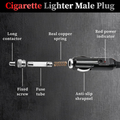 Hella Tough 12AWG Heavy Duty Cigarette Lighter Male Plug With 3.3Ft 12V Cable highlighted parts: copper spring, fixed screw, fuse tube.