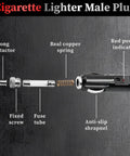 12AWG Heavy Duty Cigarette Lighter Plug With 6 5 Foot 12V Extension Cord showing components like copper spring, fuse tube, and indicator.