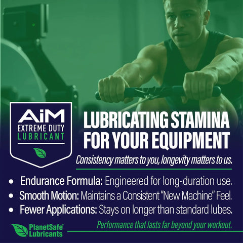 Man using exercise equipment, promoting Gym And Home Maintenance Kit For Equipment Lubrication With AiM Extreme Duty Lubricant signage.