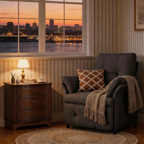 Dark grey power recliner chair with heat and massage, linen electric recliner sofa with remote, in cozy living room corner, sunset view.