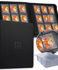 Top Load Card Binder For TCGs And Sports Cards, Holds 252 Toploaders; black cover, open view, cards inserted, shown with loaders