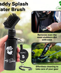 Water Powered Golf Club Brush Cleaner With Heavy Duty Retractable Clip Squeeze Bottle For Easy Cleaning Nylon Bristles Holds Four Oz Wide Head Clubhead Scrubber For Men Golf Gifts And Accessories in hand showing bottle and clip