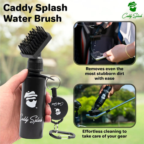 Water Powered Golf Club Brush Cleaner With Heavy Duty Retractable Clip Squeeze Bottle For Easy Cleaning Nylon Bristles Holds Four Oz Wide Head Clubhead Scrubber For Men Golf Gifts And Accessories in hand showing bottle and clip