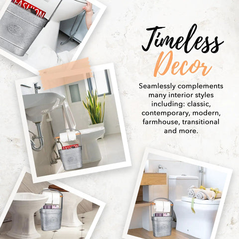 Farmhouse Freestanding Toilet Paper Holder With Reserve Storage For Mega Rolls And Magazines in bathroom setting