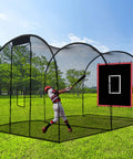 Heavy Duty 4x6 Ft Baseball Batting Cage Backstop With PVC Vinyl Backdrop, Strike Zone, Net Saver, Fluorescent Night Shine in use