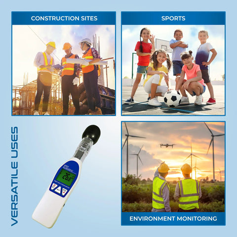 WBGT Heat Stress Meter With Dry Bulb, Wet Bulb, And Globe Temperature For Accurate Readouts In Workplace, Sports, And Outdoor Activities With Large LCD Display And Fast Pro Grade Sensing. handheld digital meter for construction, sports, and environment monitoring