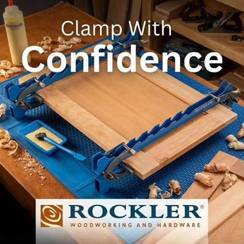 Mini Deluxe Panel Clamps 2-Pack on wood project with sawtooth pattern, clamp rails, storage rack in woodworking setting.