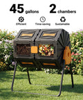 Dual Chamber 45 Gallon Compost Tumbler For Outdoor Use, No-Fuss Batch System, black bin with food scraps and garden waste, backyard