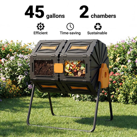 Dual Chamber 45 Gallon Compost Tumbler For Outdoor Use, No-Fuss Batch System, black bin with food scraps and garden waste, backyard