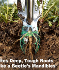 Two-In-One Hand Weeder Tool with Four-Tooth Head removing deep roots, heavy-duty steel for garden weed removal.
