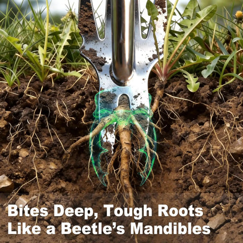 Two-In-One Hand Weeder Tool with Four-Tooth Head removing deep roots, heavy-duty steel for garden weed removal.