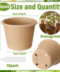 30 Pack 5 Inch Biodegradable Seed Starter Pots With Drainage Holes And Plant Tags, showing pot details and size.