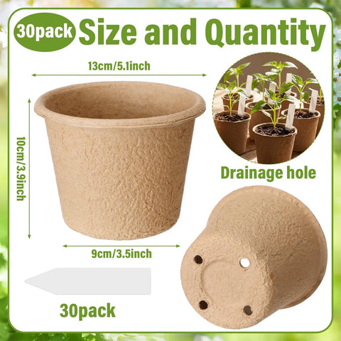 30 Pack 5 Inch Biodegradable Seed Starter Pots With Drainage Holes And Plant Tags, showing pot details and size.