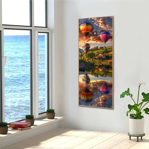 5D Landscape Diamond Painting Kit For Adults With Hot Air Balloon Scene Full Round Drill Crystal Art DIY Craft Cross Stitch Embroidery For Home Wall Decor And Office Space 11.81x31.5 Inches displayed in modern room by sea view window