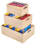 Three Piece Unfinished Wood Crates Organizer Bins For Pantry Closet And Arts Crafts Storage filled with snacks