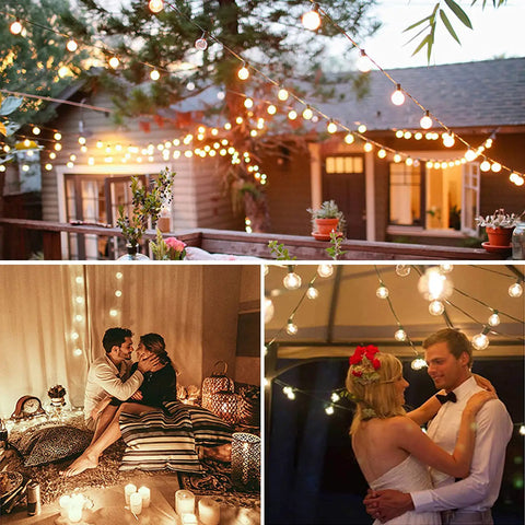 G40 Replacement Bulbs 120V 5W Clear Globe Incandescent Lights in outdoor and indoor romantic settings with couples