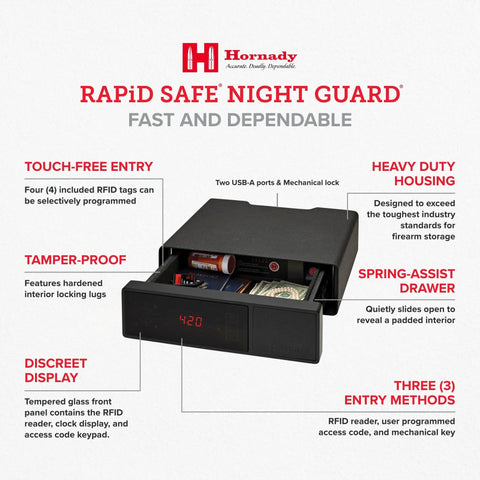 Nightstand Gun Safe With RFID Reader Clock And USB Ports For Fast Touch Free Access, shown open with contents inside.