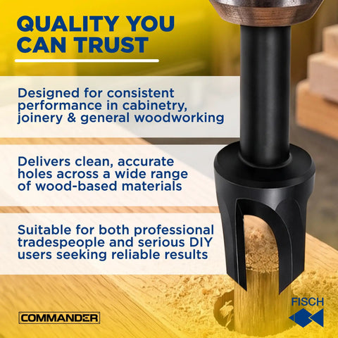 Pro Level Tapered Plug Cutter Drill Bit With A Badass Four Flute Design For Nail The Fit Wood Joinery And Clean Cabinetry Finishing Projects Done Right Furniture Build And Quick Cabinet Repair on a wooden surface.