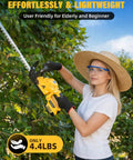 Woman trimming hedge with Cordless Electric Hedge Trimmer With 20V Max Battery Compatibility, lightweight design.