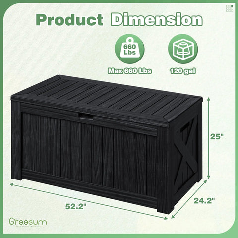 120 Gallon Outdoor Storage Box With Lid, Lockable, Waterproof And UV Resistant, Resin Deck Box With Wood Grain Look