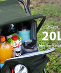 Backpack Cooler Chair With Backrest, Folding Camping Stool showing insulated cooler bag holding 24 cans outdoors