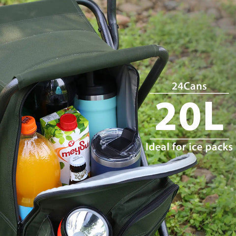 Backpack Cooler Chair With Backrest, Folding Camping Stool showing insulated cooler bag holding 24 cans outdoors