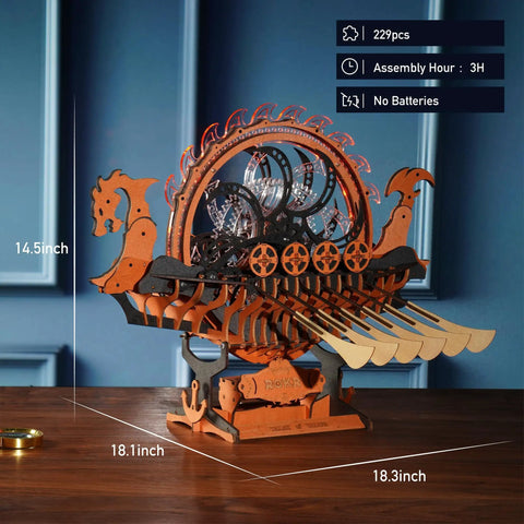 Viking Dragon Ship 3D Wooden Puzzle For Adults With LED Lights And Flywheel 12 Auto Paddles 3 Hour Build Model Kit Gift For Men And Boys, 18.3in