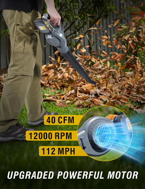 Person using lightweight cordless leaf blower with 2.0Ah dual batteries for lawn cleanup, featuring 40 CFM and 112 MPH power.