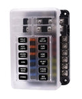 12 Way Blade Fuse Box Holder With LED Indicator And Protective Cover For Car Boat Marine Trike Truck SUV Yacht RV Built Tough With Nickel Clad Copper Construction. Front view.