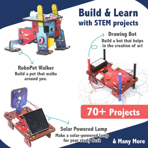 Over 200 STEM Projects Kit For Kids Aged 12 To 14 Build Mini Robots Electronics Circuits Magnetism Experiments And Engineering Challenges Awesome Hands On Robotics Gift For Curious Teens And Tween Makers showing drawing bot, RoboPet walker, and solar-powered lamp models