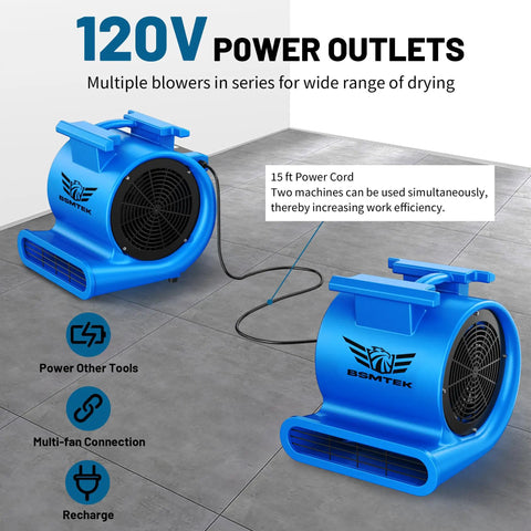 Industrial Air Mover Blower Fan One Point Five HP High CFM Ten Thousand with 15 ft cord, dual blue units on tiled floor
