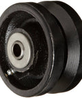 Absolutely Dead Steady Heavy Duty Cast Iron V Groove Caster Wheel Featuring Roll Like Butter Straight Bearings for 800 Pound Freight Loads on Factory Tracks - close-up view of caster wheel.