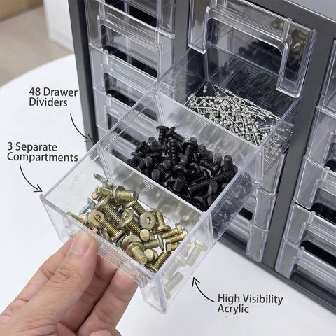 Nut And Bolt Organizer Cabinet With 24 Clear Drawers And 48 Adjustable Dividers For Screws, Fasteners, Washers And Small Parts, Heavy Duty Metal Storage, Stackable Wall Mount Hardware Case For Easy Reach And Quick Access, clear acrylic drawer with 3 compartments