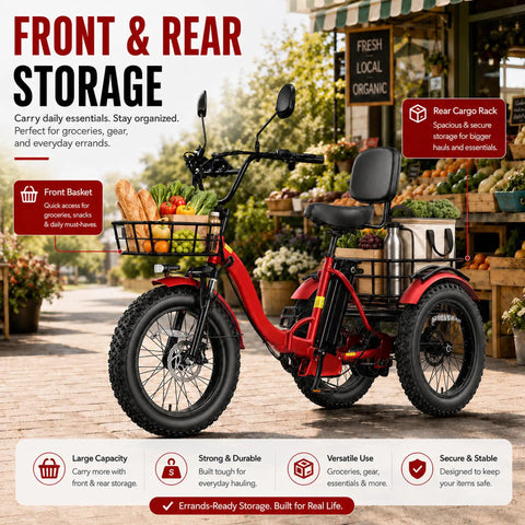 All Terrain Fat Tire Electric Tricycle For Adults With 750W Motor And Removable 48V 15.6Ah Battery, front and rear storage baskets