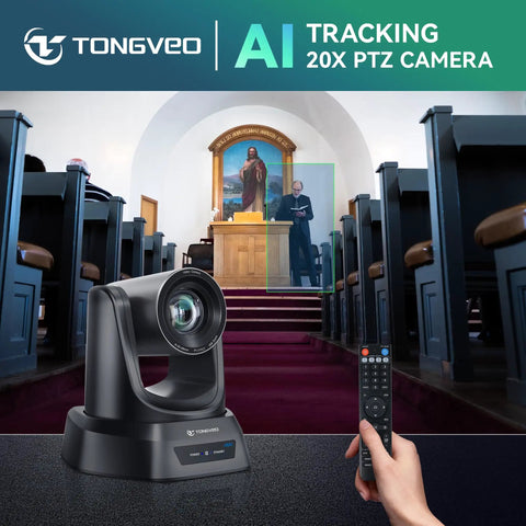 Crystal Clear 4K AI PTZ Camera With Auto Tracking And 20X Optical Zoom in a church setting with remote control