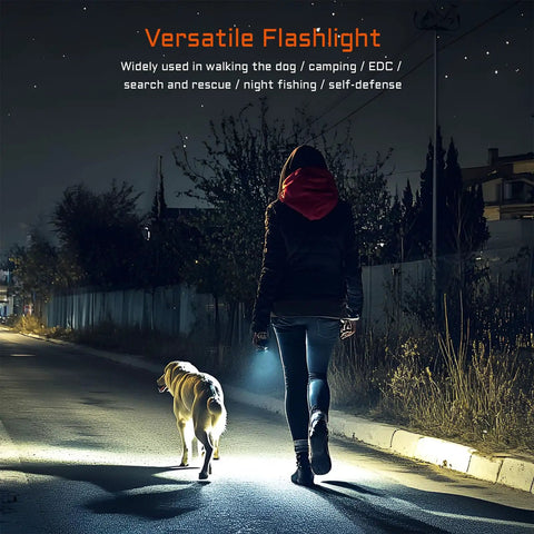 Person walking dog at night using TAC 2AA EDC Tactical Dual Modes Flashlight With Dual Switches, 1400 High Lumen