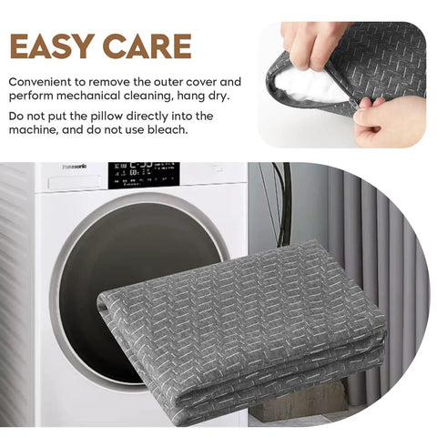 Travel Camping Pillow With Shredded Memory Foam with breathable cover shown by a washing machine for easy care.