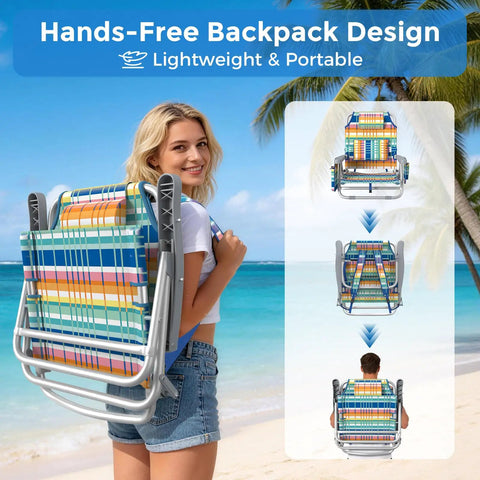 All Day Comfort 5 Position Backpack Beach Chair With Lumbar Support And Ergonomic Backrest shown folded, woman carrying it on beach