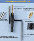 Smooth Operator Countersink Drill Bit Set For Woodworking Features Five Precision Tapered Heads With Bonus Replacement Inserts 82 Degree Chamfer And Heavy Duty Titanium Coating For Cabinet Makers And Diy Projects Everywhere, showcasing titanium-plated drill bits.