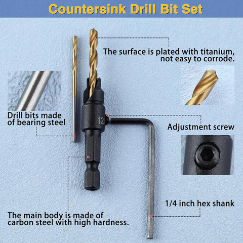 Smooth Operator Countersink Drill Bit Set For Woodworking Features Five Precision Tapered Heads With Bonus Replacement Inserts 82 Degree Chamfer And Heavy Duty Titanium Coating For Cabinet Makers And Diy Projects Everywhere, showcasing titanium-plated drill bits.