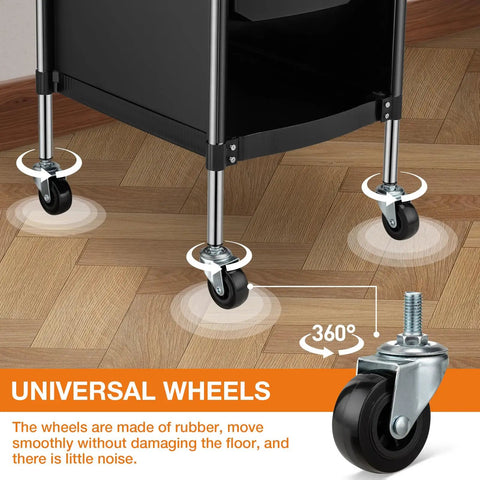 Close-up of universal wheels on the Mobile Hair Salon Tool Cart With Six Layer Design On Wheels For Spa Tattoo Studios Space Saving Barber Station Trolley Large Capacity Trays And Removable Drawers Ideal Rolling Carts For Pro Hair Stylists And Beauty Pros.