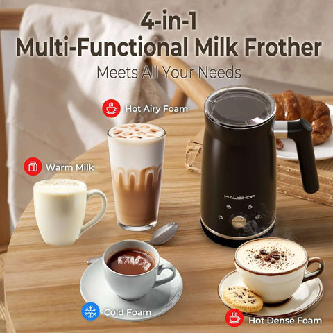 4 In 1 Electric Milk Frother And Steamer With Large Capacity For Hot Or Cold Foam Automatic Warm Milk Warmer On Wooden Table