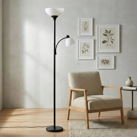 Sky Dome Plus LED Floor Lamp Torchiere with reading arm in a modern living room with beige armchair and wall art.