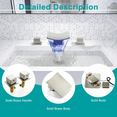 Brushed Nickel 8-Inch Widespread LED Waterfall Bathroom Faucet, 3-Hole Deck-Mount, 2-Handle Vanity Sink Faucet With Color-Changing Light