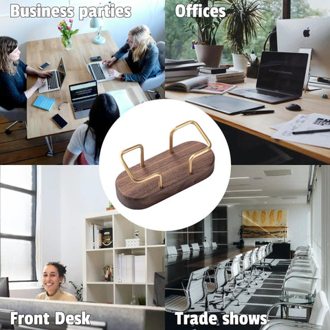 Walnut Wood Business Card Holder For Desk And Office, Wooden Card Display Stand in various office settings