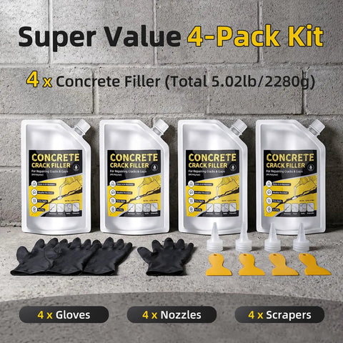 Self Leveling Concrete Crack Filler Kit 4 Pack All In One With Waterproof And High Elasticity For Driveways Patios Garages Sidewalks Pool Decks 20 Oz Each Pack Includes Nozzles Scrapers And Gloves.